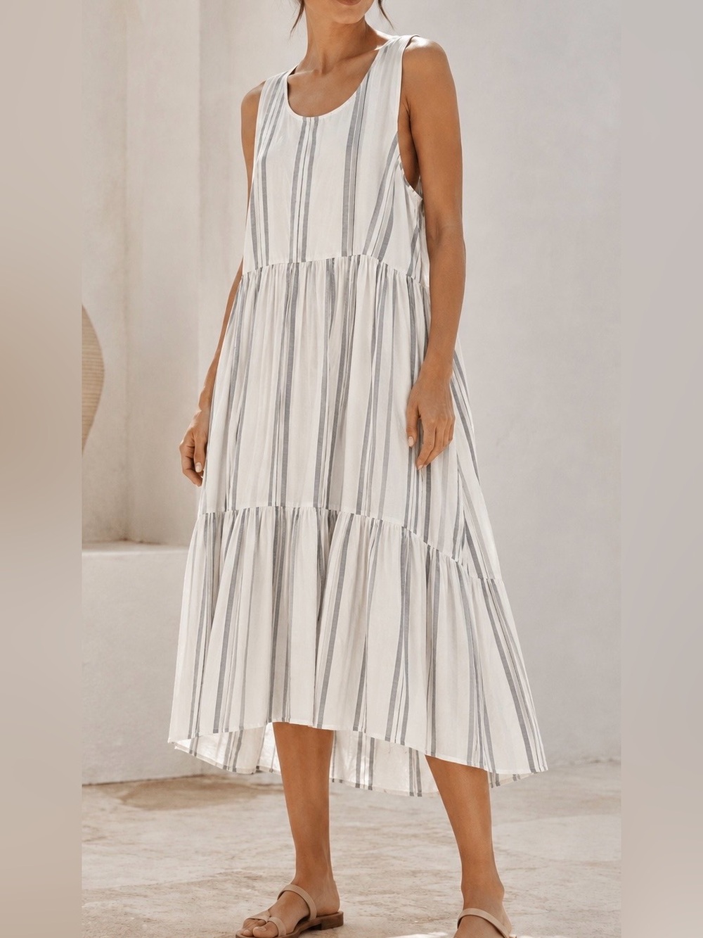 Striped White and Gray Tiered Midi Dress